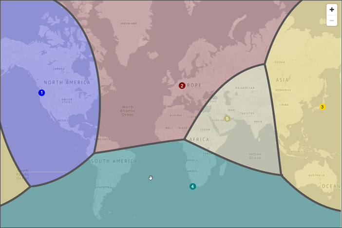 Un mapa del mundo donde se muestra cómo se enruta el tráfico cuando se agrega un sesgo de -25 en la región Oeste de EE. UU. (Oregón).