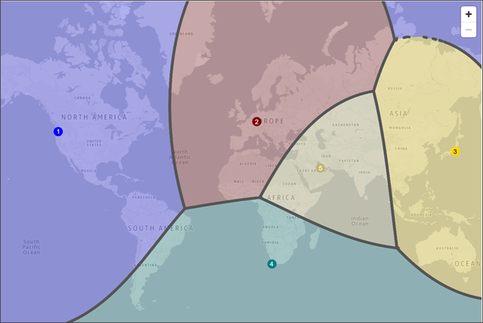 Un mapa del mundo que muestra cómo se dirige el tráfico cuando se agrega un sesgo de +25 en la región EE. UU. Este (Norte de Virginia).