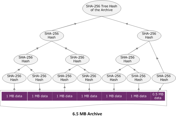 Diagrama en el que se muestra un ejemplo de hash en árbol cargando un archivo a través de una única solicitud.