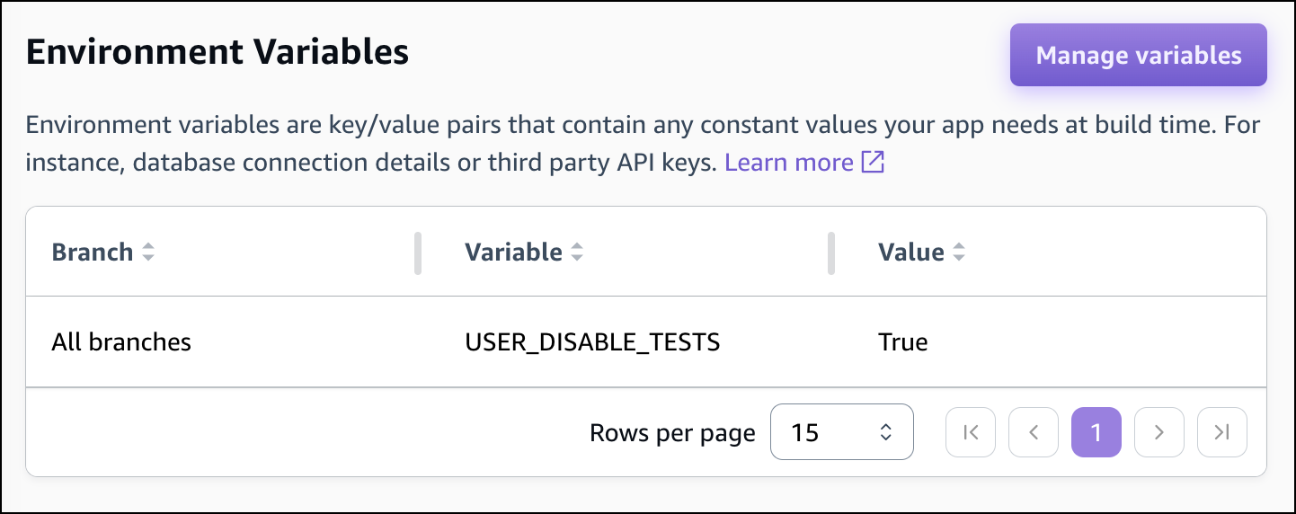 Sección de Variables de entorno de la consola Amplify.