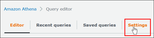 La pestaña Configuración del editor de consultas de Athena.