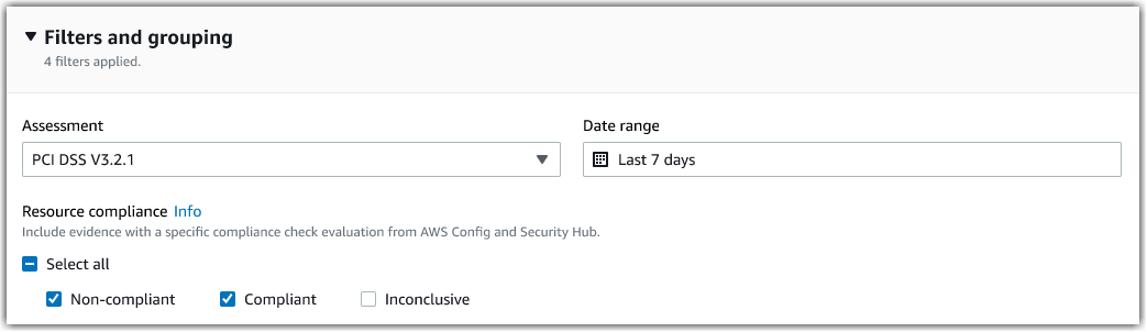 La evaluación requerida, el intervalo de fechas y la conformidad de los recursos se filtran en el buscador de evidencias.