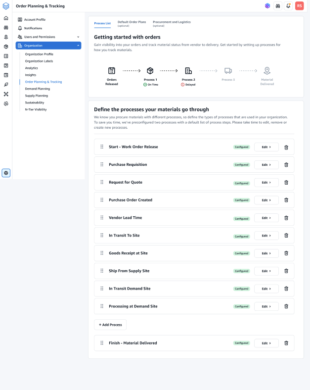 Configuración de planificación y seguimiento de pedidos