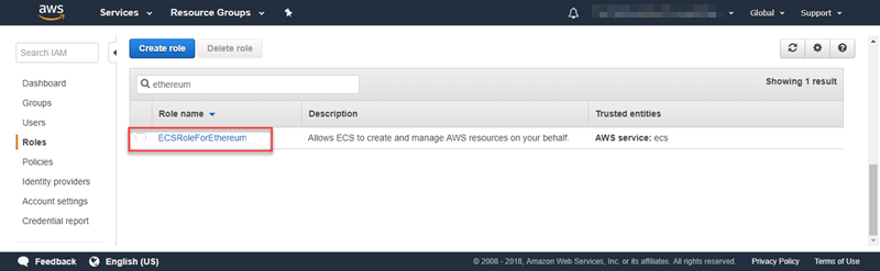 AWSIAM console showing a role named "ECSRoleForEtherum" with its description.