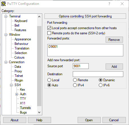 PuTTY Configuration window showing SSH port forwarding options with D9001 listed.