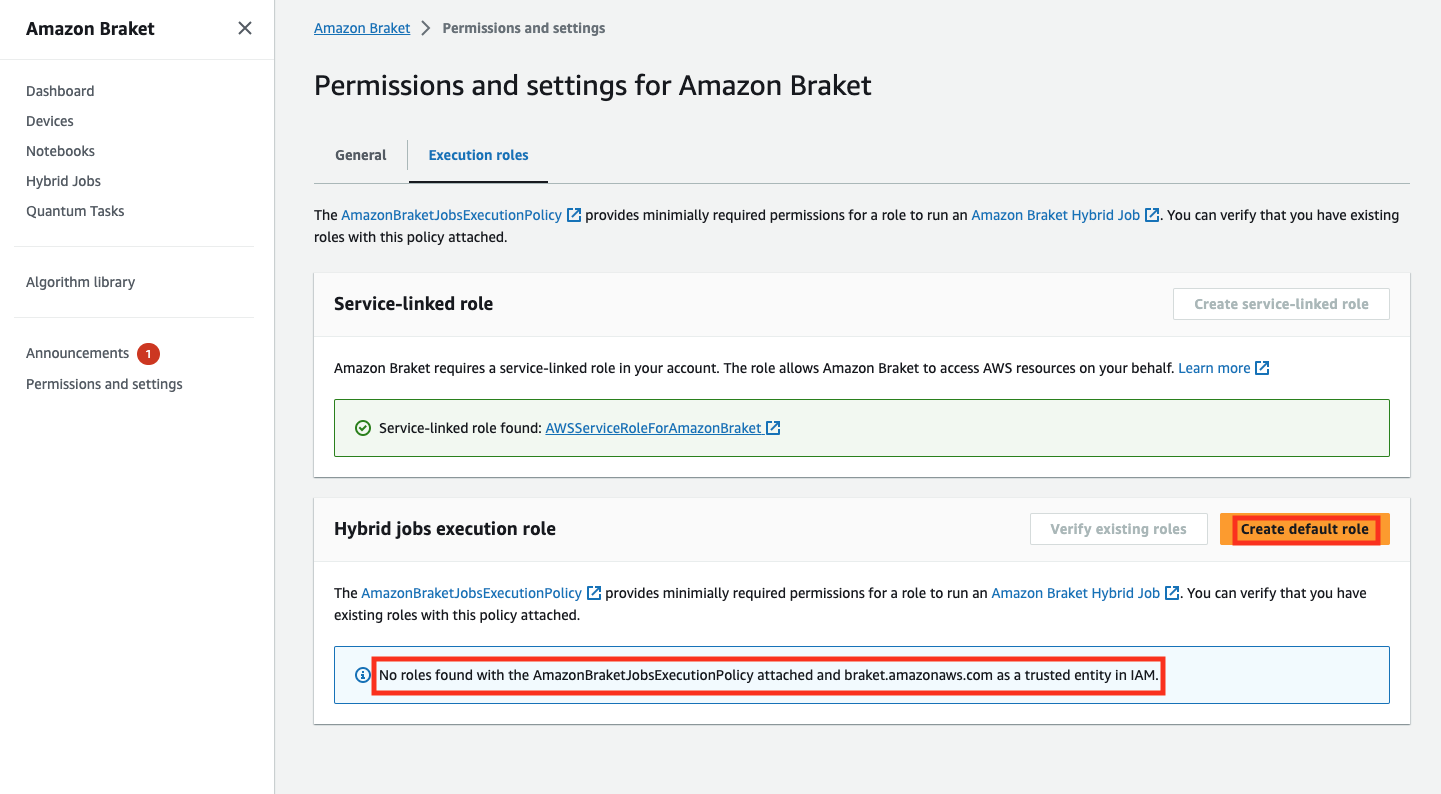 Página de permisos y configuración de Amazon Braket que muestra el rol vinculado a servicios encontrado y ningún rol de ejecución de trabajos híbridos encontrado.
