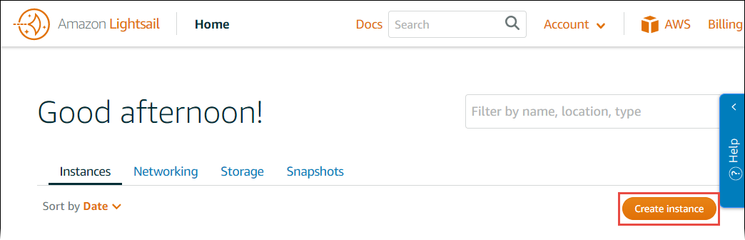 Selección del botón Create instance (Crear instancia) en la consola de Lightsail
