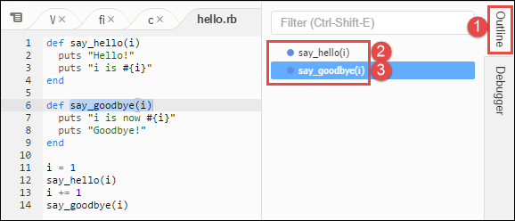 Ventana de esquema en AWS Cloud9 IDE