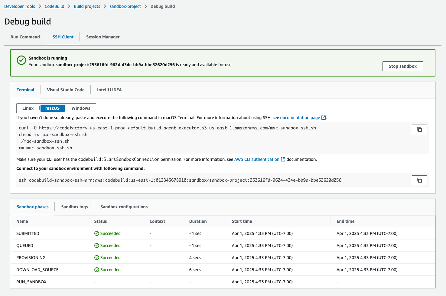 Conexión del entorno de pruebas de SSH después de que el estado cambie a “RUN_SANDDBOX”.