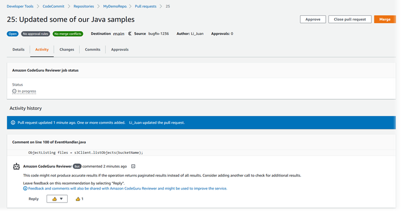 Recomendación creada por Amazon CodeGuru Reviewer con un trabajo de revisión en curso.