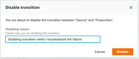 Imagen que muestra el motivo introducido para deshabilitar la transición como “Deshabilitar la transición mientras soluciono el error”