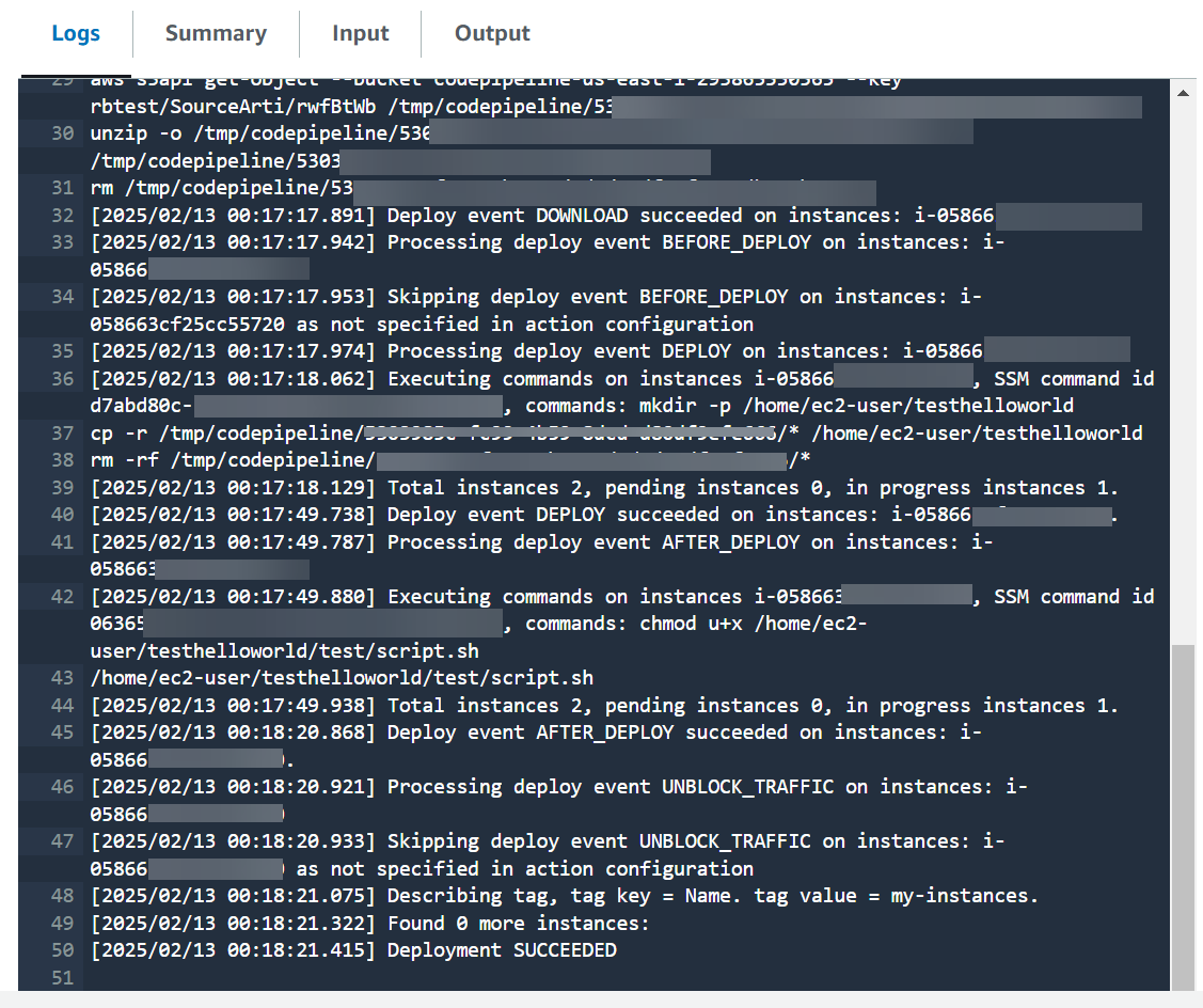 Consulte la segunda página de los registros de la acción de implementación de Amazon EC2 en su canalización.