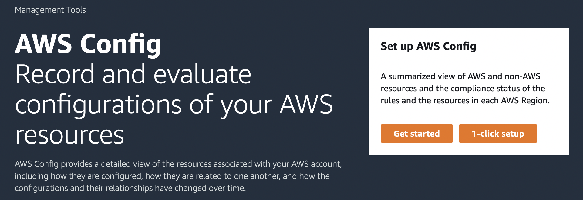 La imagen en la página de la consola de AWS Config proporciona una descripción general del servicio de AWS Config, y resalta su función a la hora de registrar y evaluar los cambios de configuración de los recursos de AWS.