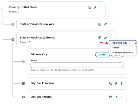 La opción Agregar secundario para el nivel 3 y Agregar ciudad secundaria