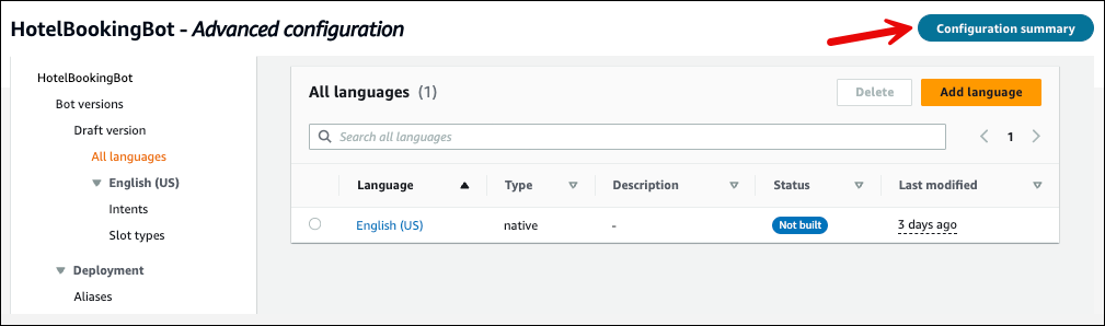 Una página de configuración avanzada y el botón de resumen de la configuración