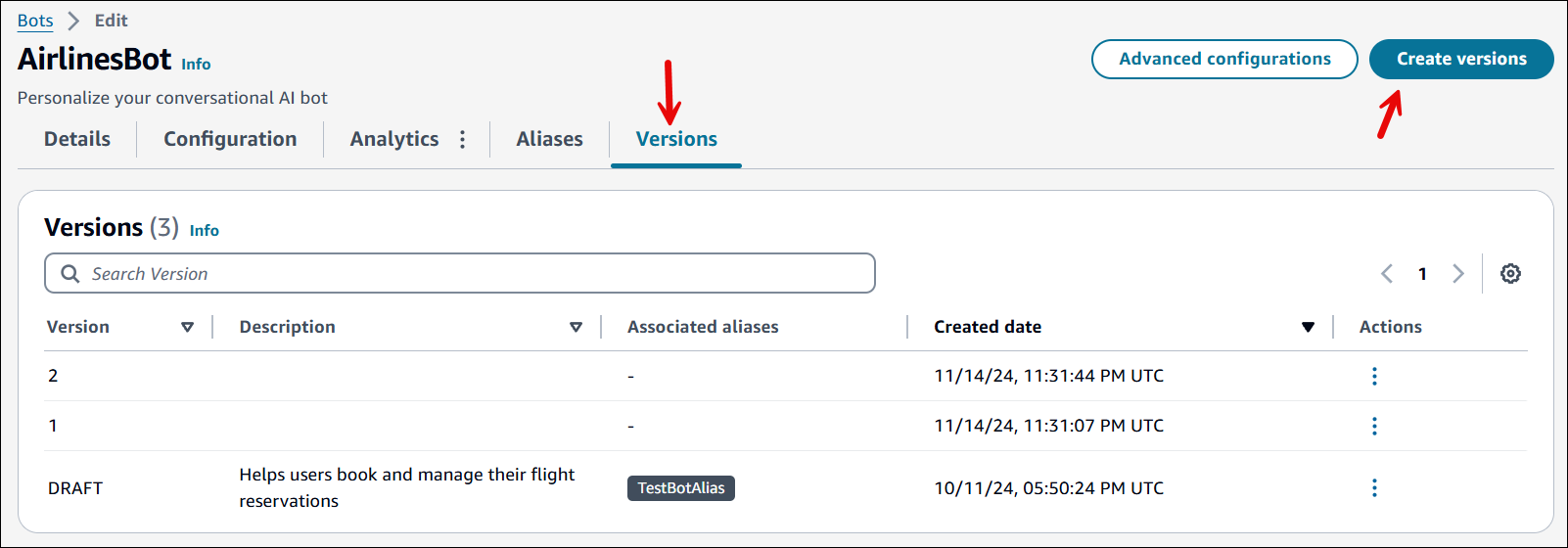 La pestaña Versiones y el botón Crear versión