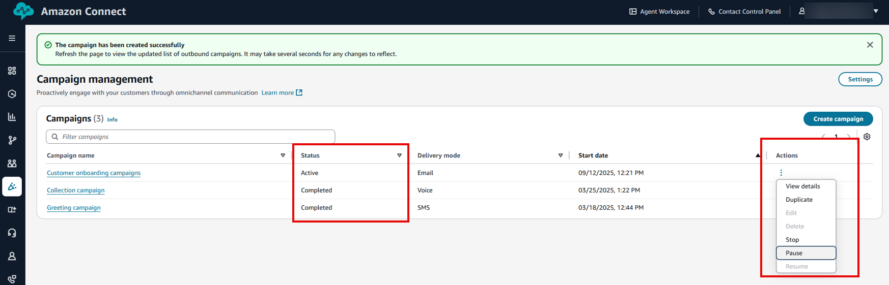 Diagrama de estado de la campaña, con las transiciones entre los estados activo, pausado, detenido y fallado.