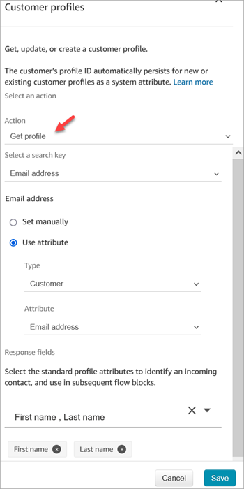 La página de propiedades de Perfiles de clientes configurada para la acción Obtener perfil.