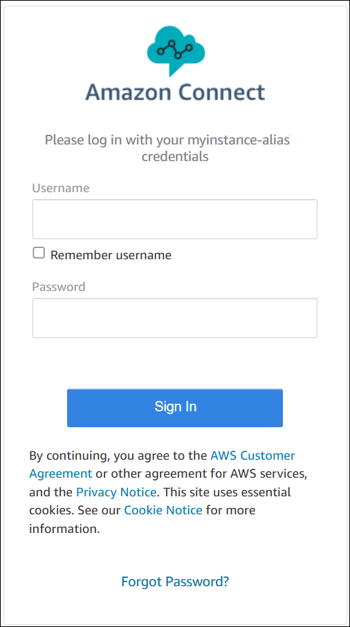 La página de inicio de sesión de Amazon Connect.