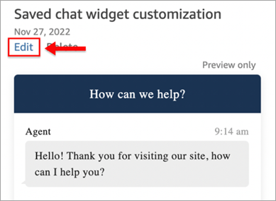 Página de personalización del widget de comunicaciones guardada con el botón Editar.
