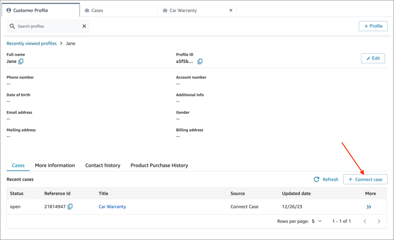 El botón Caso de Connect en la página de perfil de cliente.