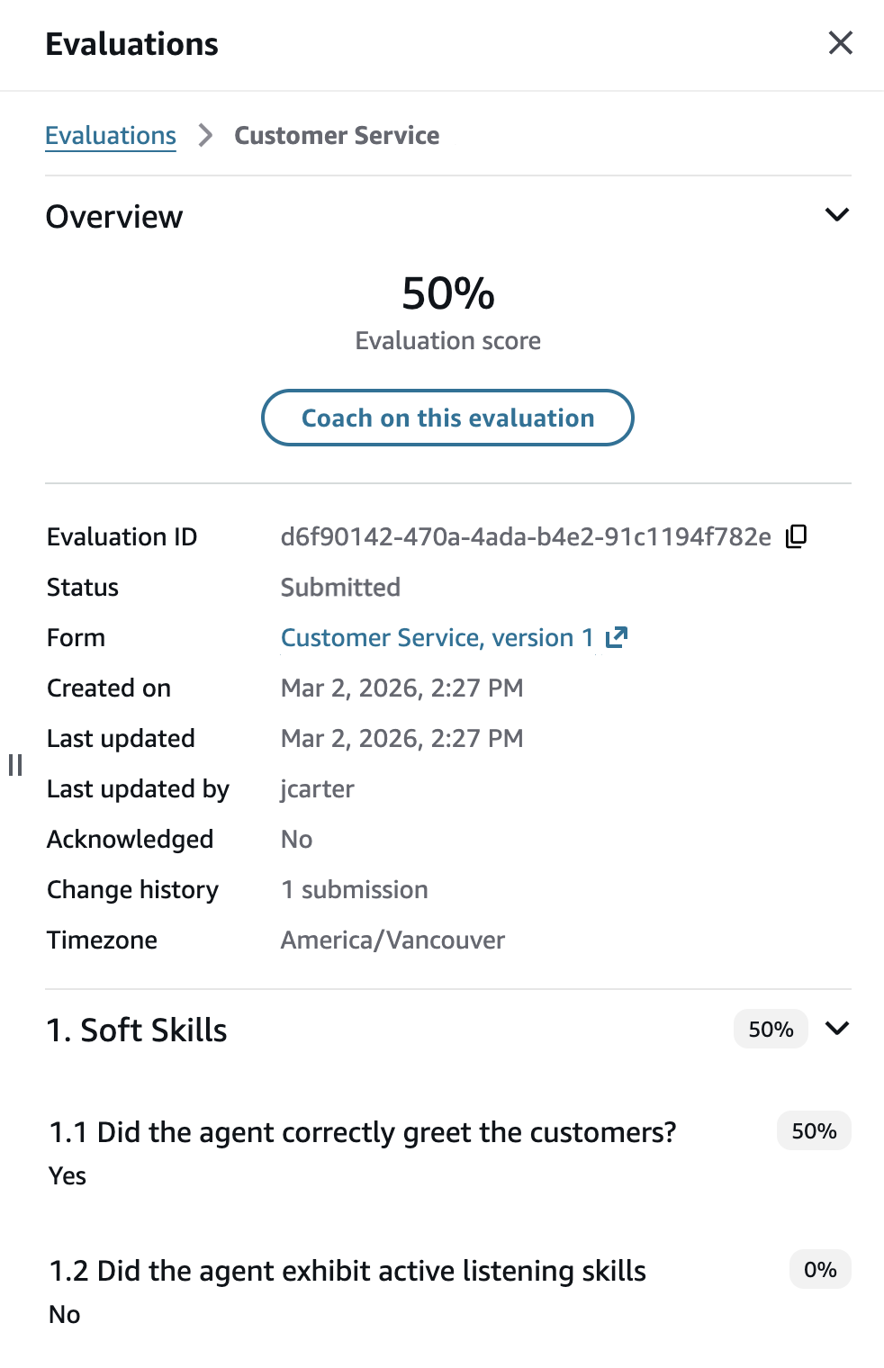 El entrenador de esta evaluación hace clic en el botón de una evaluación.