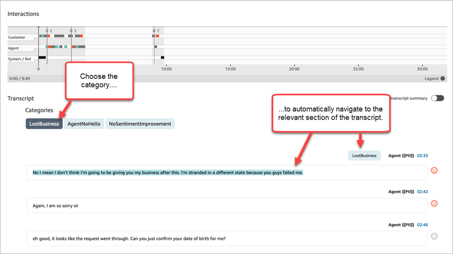 Una transcripción de chat, una categoría, la sección pertinente de la transcripción.