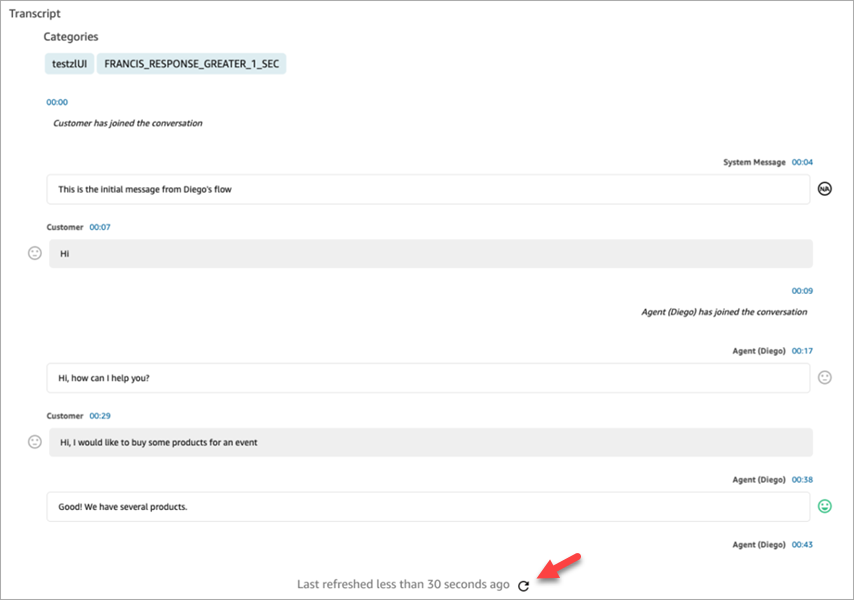 Una transcripción, el icono de actualización en la parte inferior de la página.