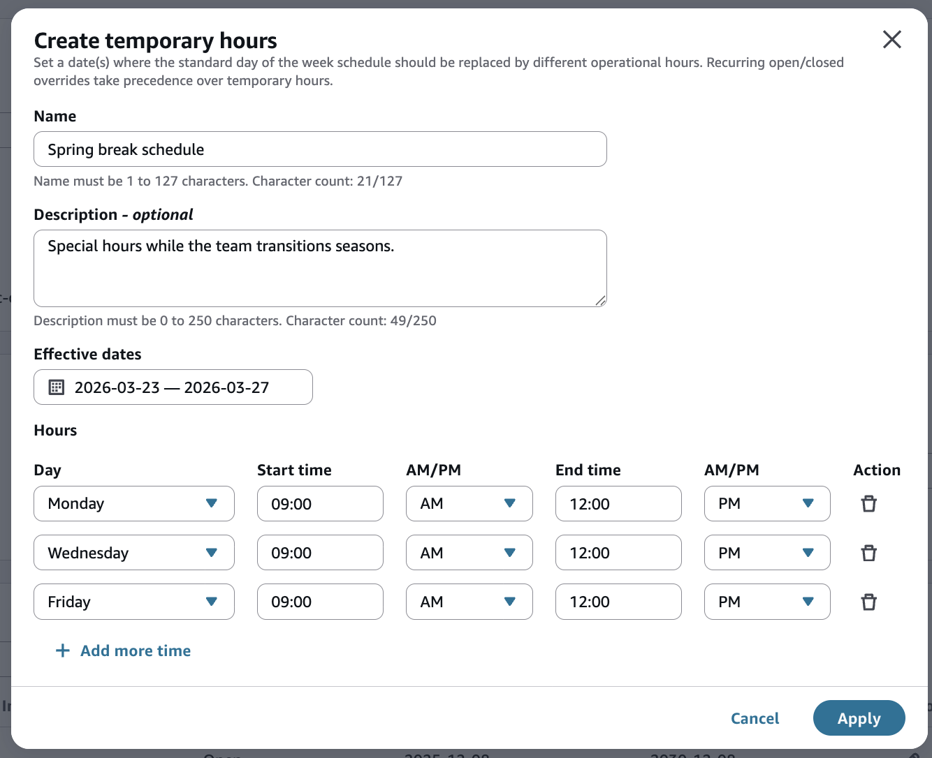 Cuadro de diálogo para crear un horario temporal cada dos días.