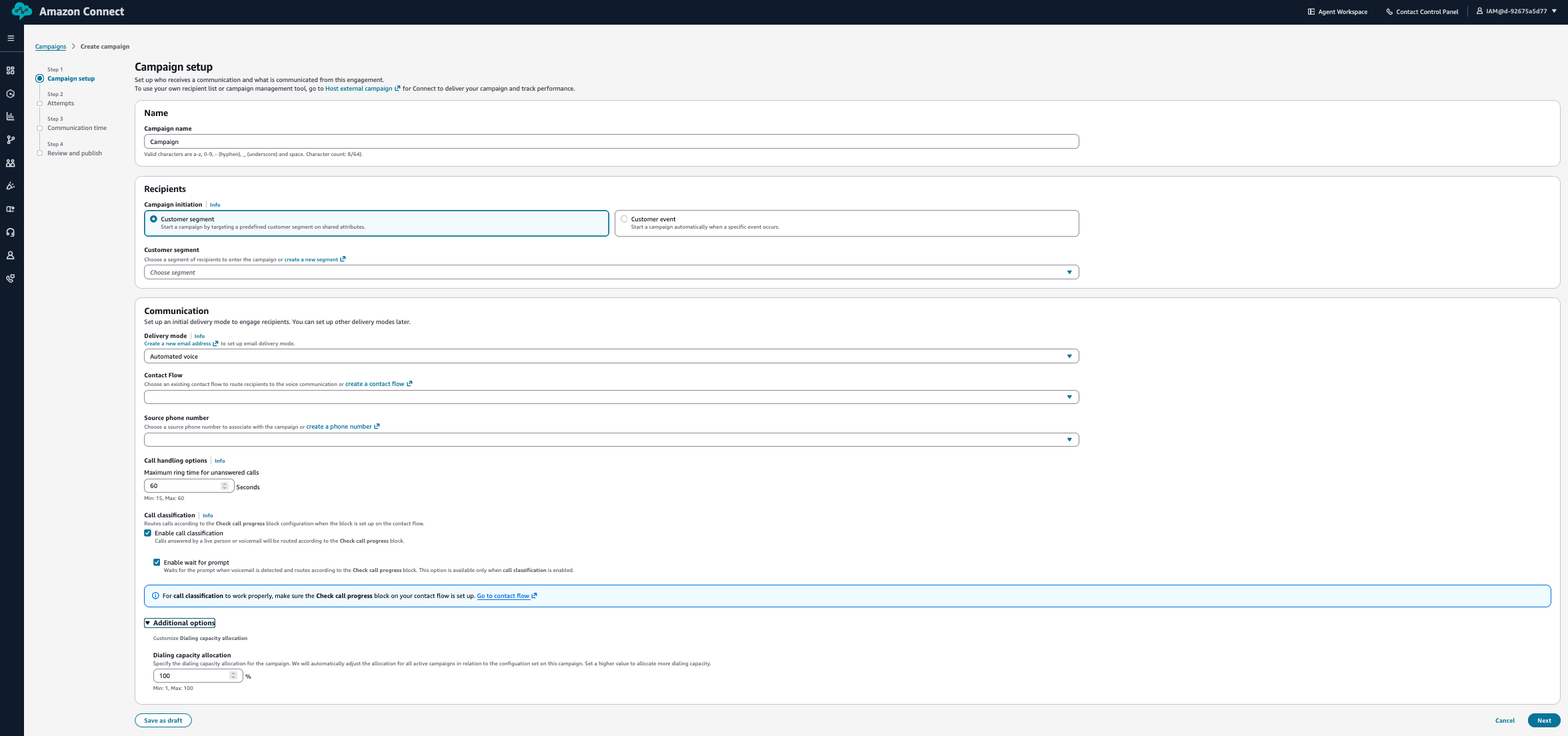 La interfaz de creación automática de campañas de voz, con las opciones de configuración para las llamadas salientes