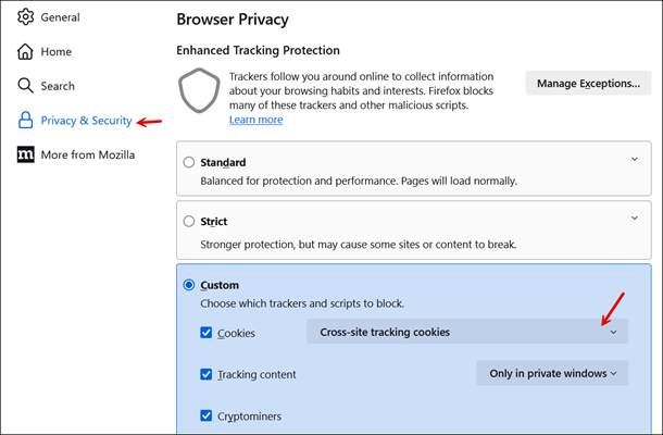 La página de privacidad y seguridad de Firefox.