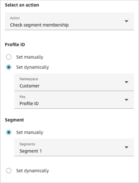 El bloque de Perfiles de clientes está configurado para comprobar la pertenencia a los segmentos.