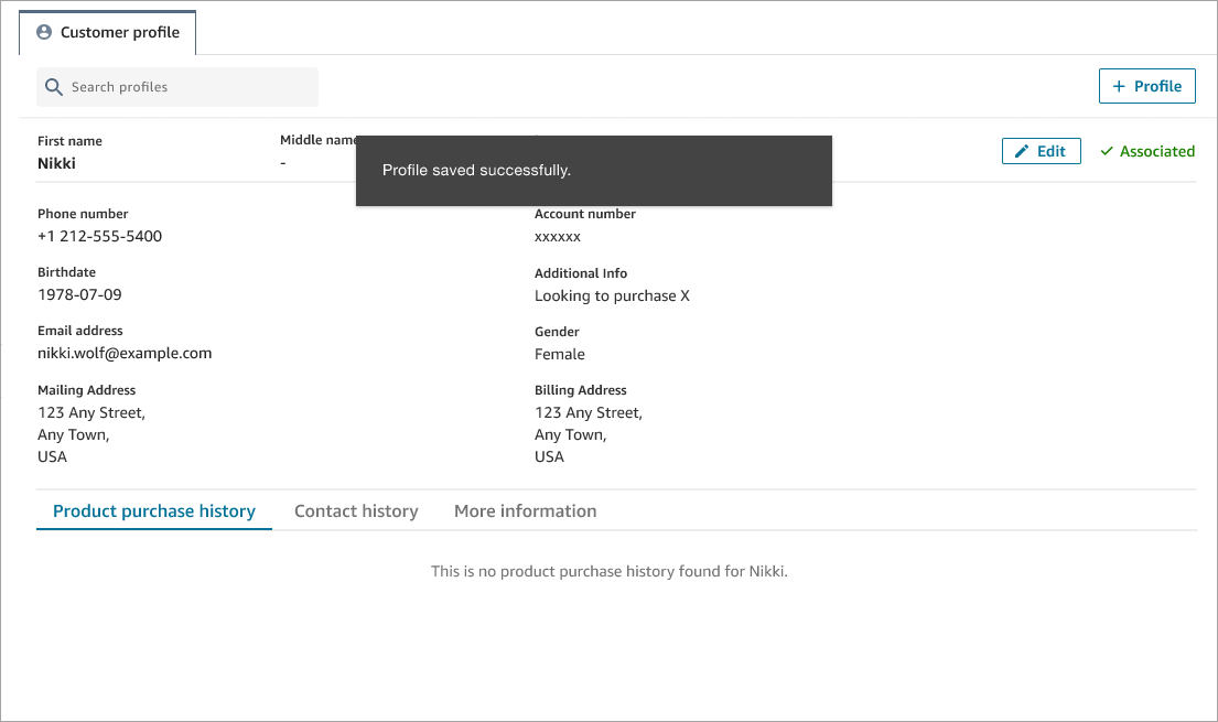 Mensaje de que el perfil se ha guardado correctamente.