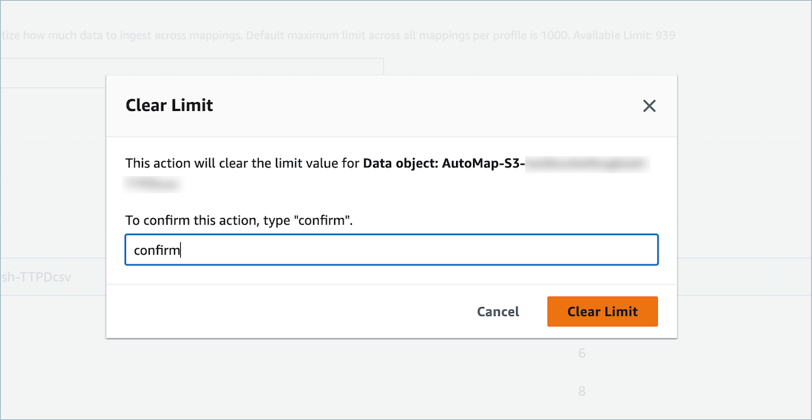 Un cuadro emergente en el que se le pide que confirme que desea borrar el valor límite del objeto de datos. Para confirmar la acción de borrado, escriba confirmar en minúsculas.