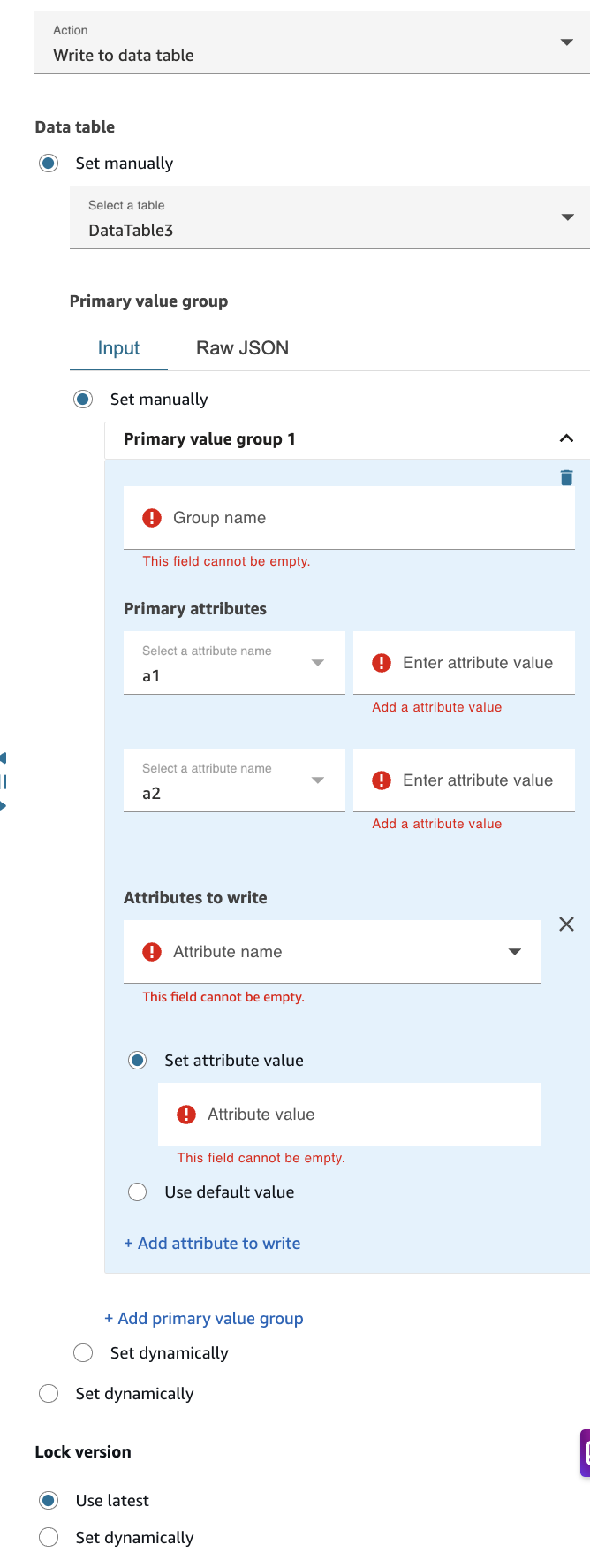 La página de propiedades del bloque de tabla de datos está configurada para la acción de escritura.