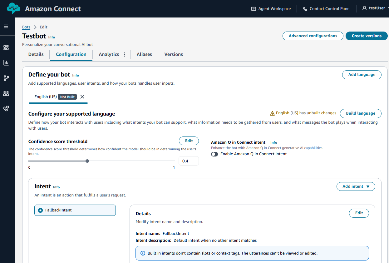 Ejemplo de la sección Defina su bot
