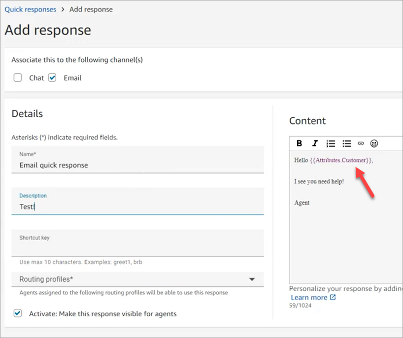 Una respuesta rápida con un atributo para el nombre del cliente.