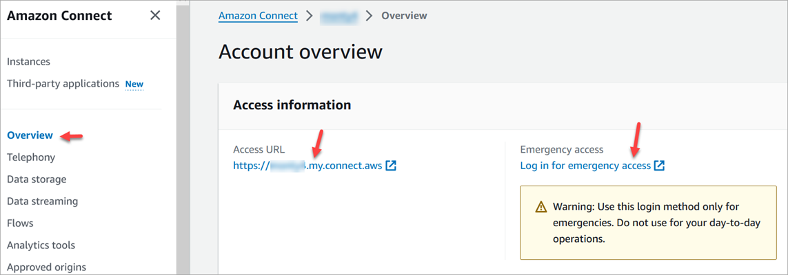 El enlace de inicio de sesión de emergencia de la página Descripción general de la cuenta.