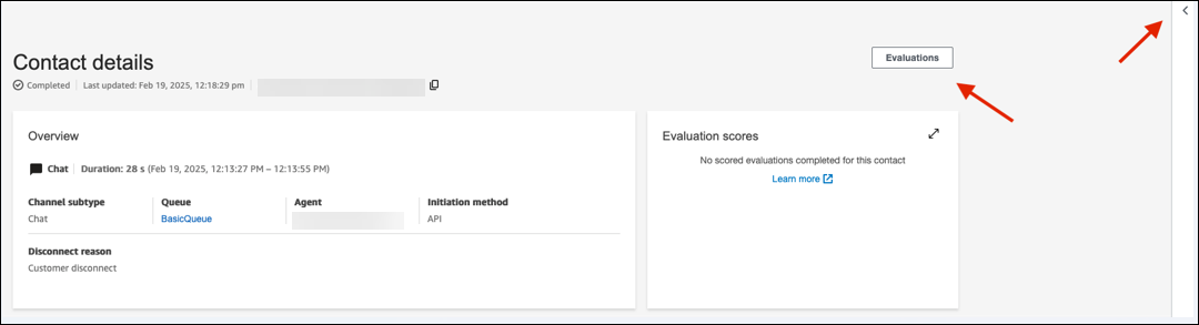 El botón Evaluaciones y el icono para expandir el panel de evaluación.