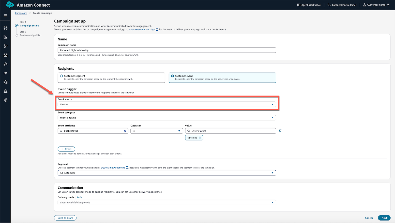 El panel de selección de fuentes de eventos, con las opciones de integración y la configuración de las condiciones de los atributos