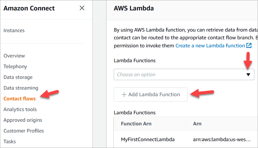 La página de flujos, la AWS sección Lambda.