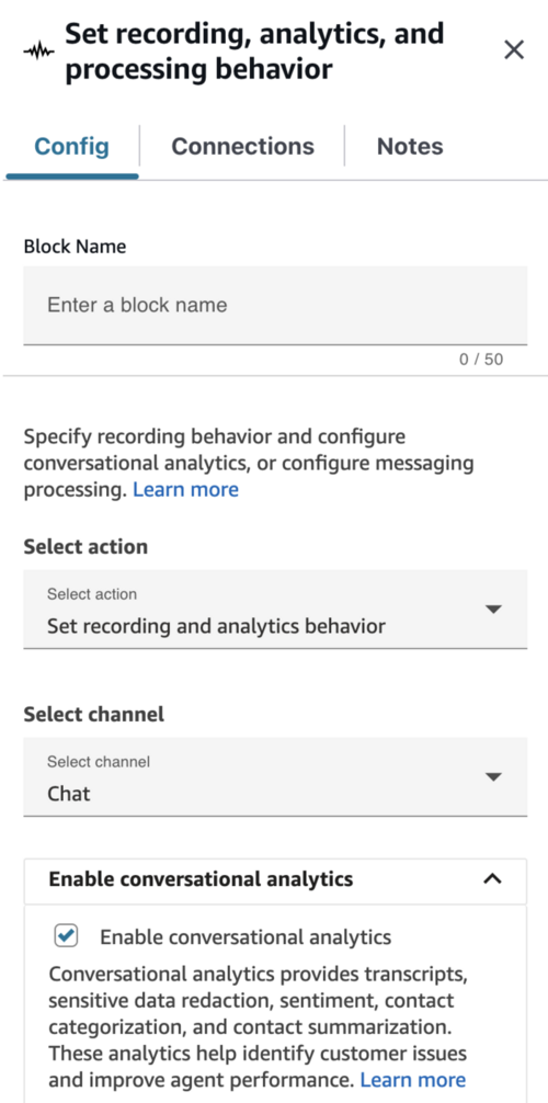 El bloque Defina el flujo de comportamiento de registro, análisis y procesamiento configurado con el análisis conversacional habilitado para el chat.