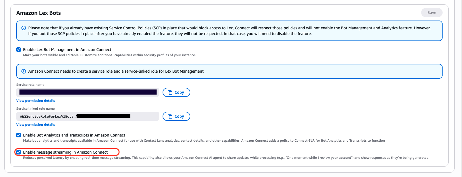 Activa la opción de transmisión de mensajes en la consola Amazon Connect.