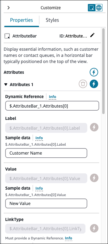 El panel Personalización con Nombre del cliente como dato de muestra.
