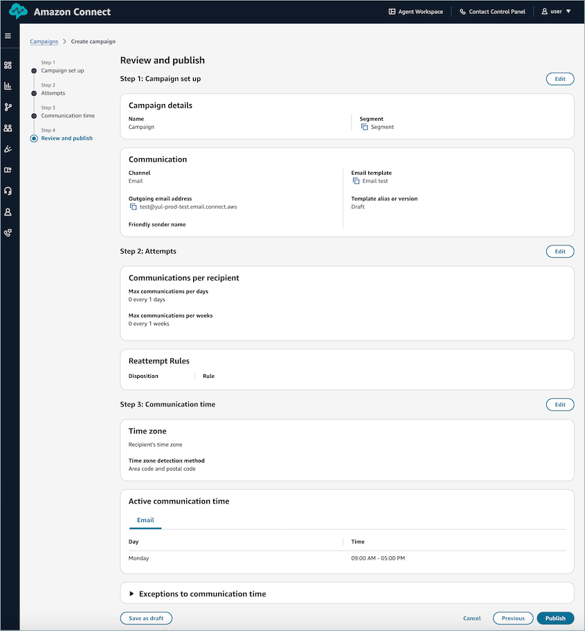 Pantalla de revisión y publicación, con el resumen de la configuración de la campaña antes de la publicación final.