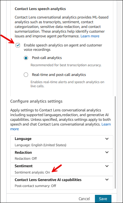 La opción de análisis de opiniones cuando está activada.