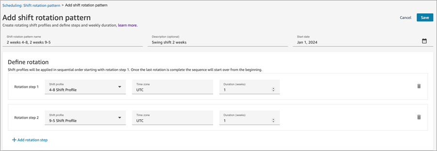 La página Agregar patrón de rotación por turnos con dos pasos de rotación, cada uno de una semana de duración.