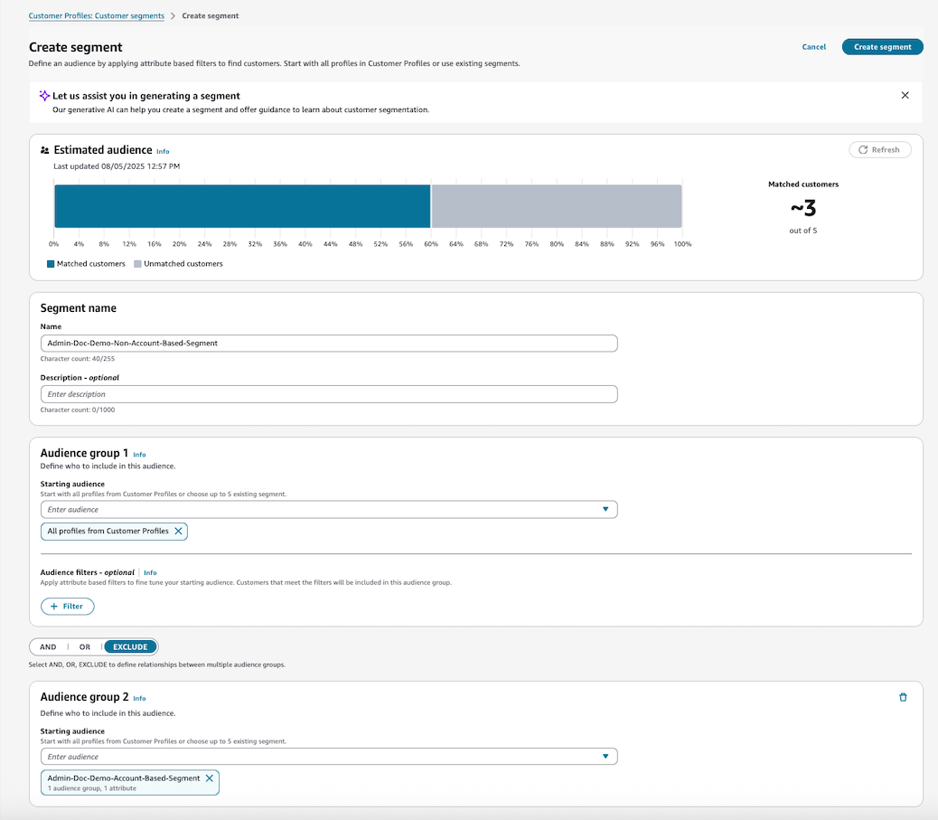 Para crear un segmento solo con subperfiles, cree una nueva audiencia que excluya los perfiles basados en cuentas.