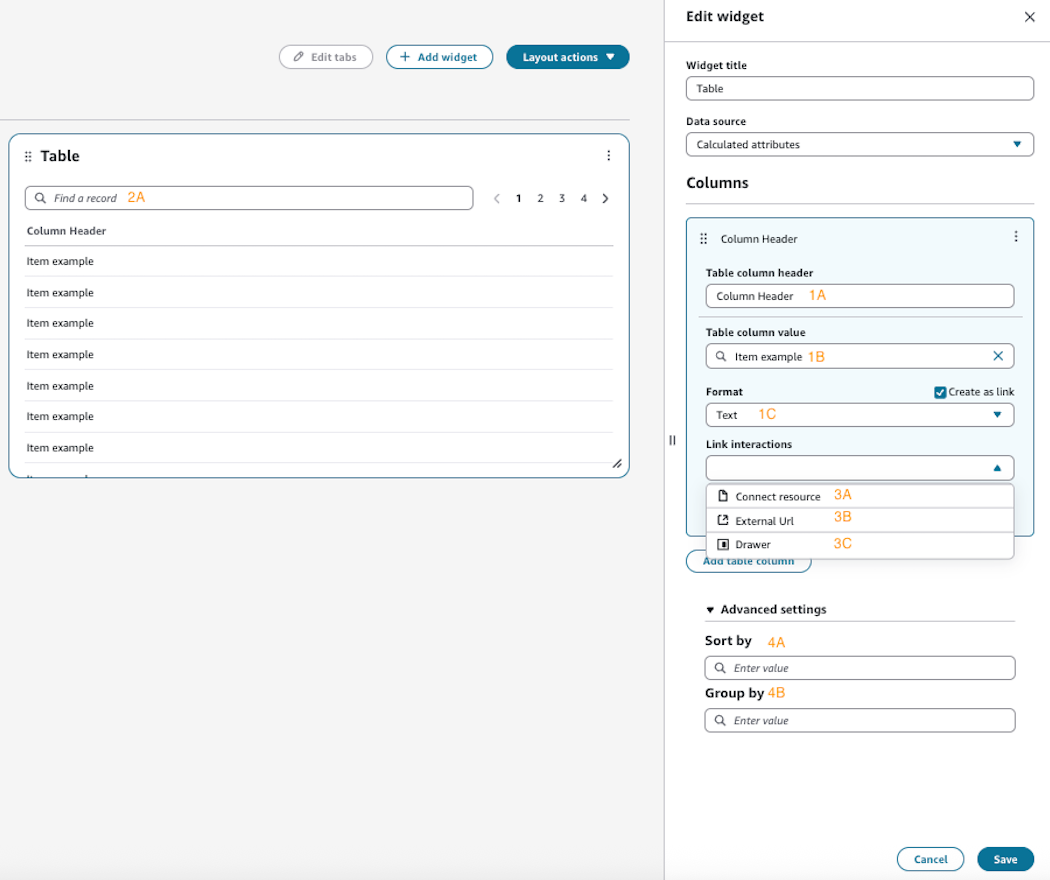Ejemplo de edición de widgets de tablas personalizadas.