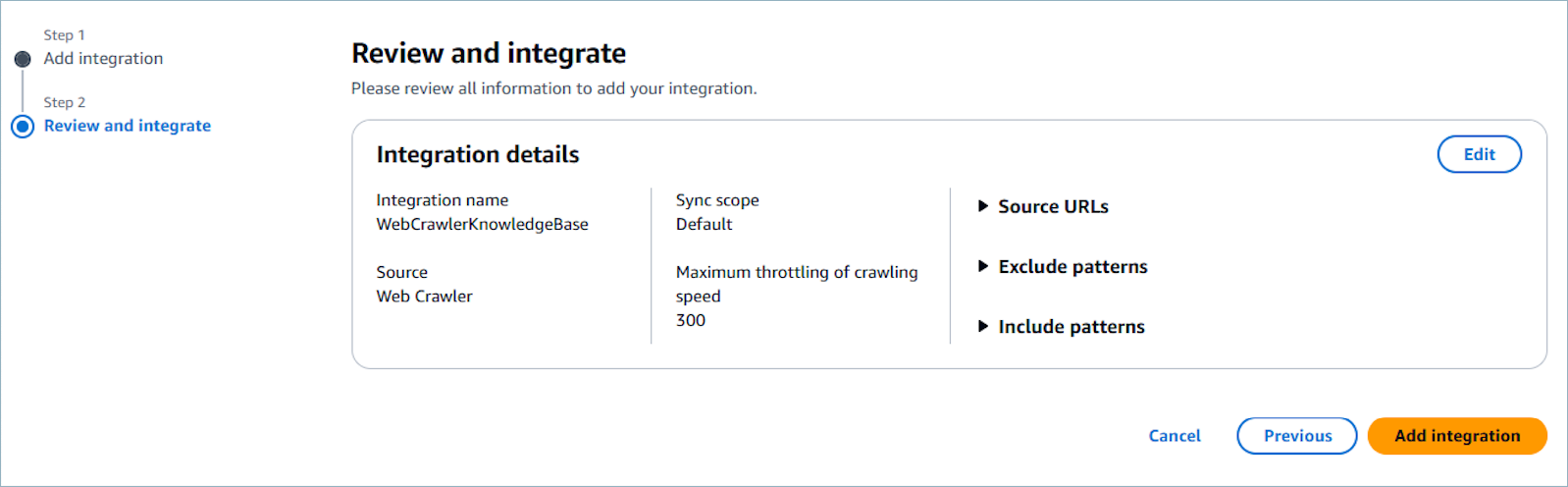 La página Revisión muestra todos los detalles de integración de la configuración del rastreador web antes del envío final.